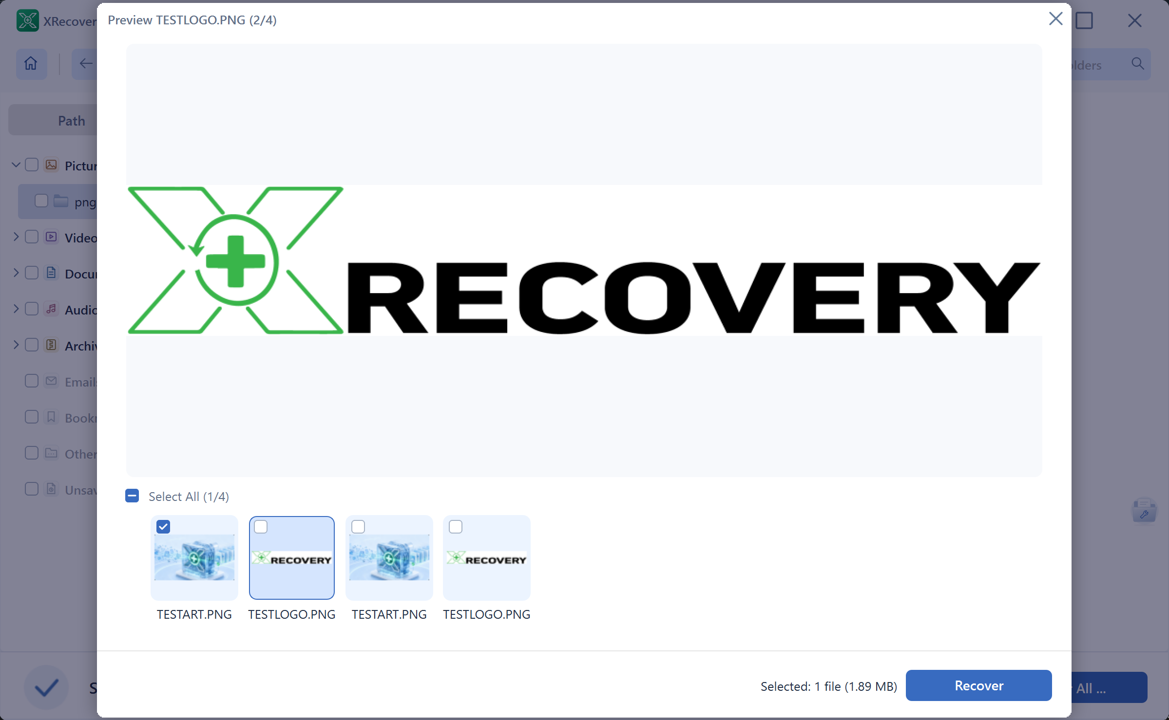 XRecovery preview displaying TESTLOGO.PNG from a controlled brand test image.