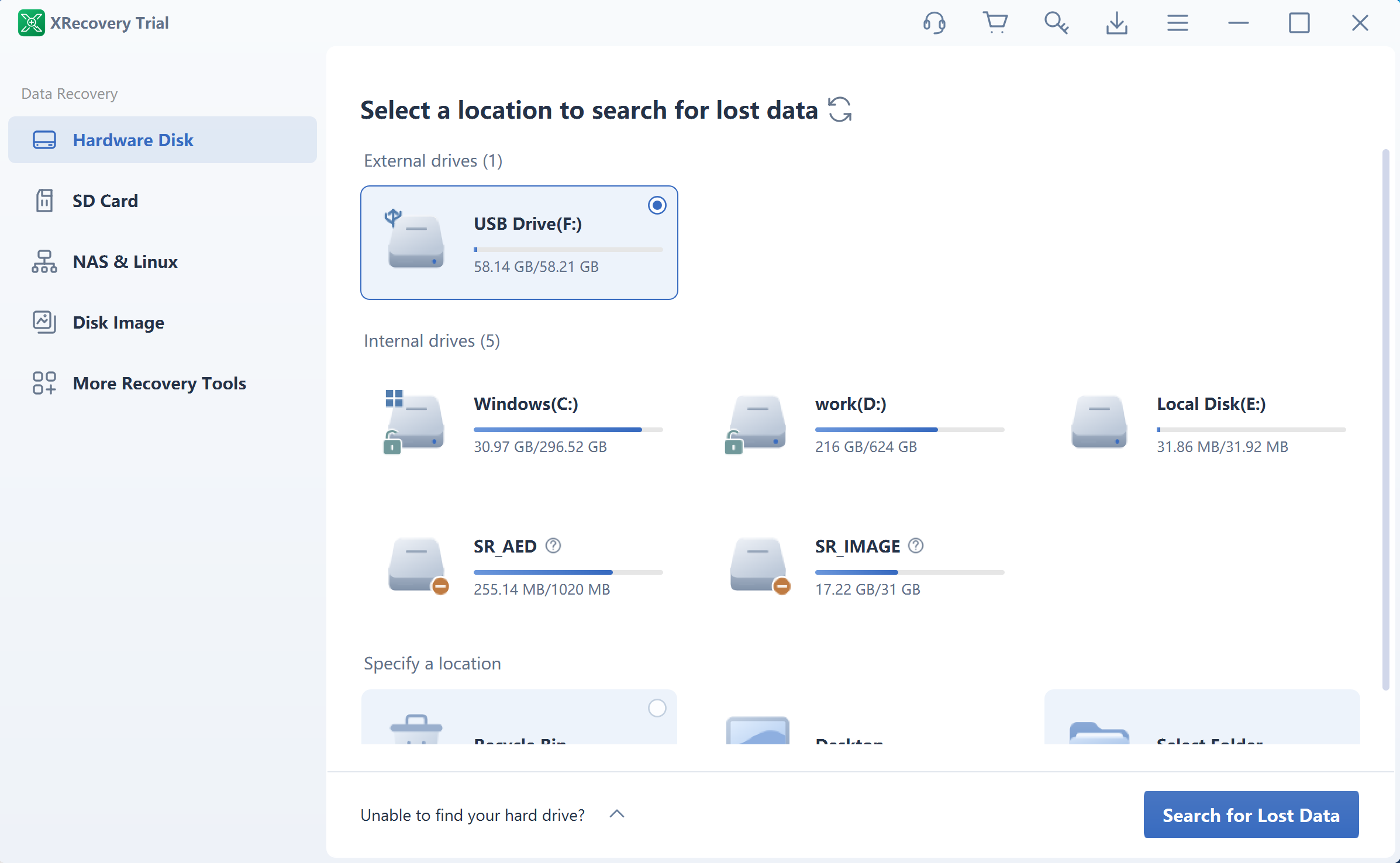 XRecovery 4.0 source selection screen in English.
